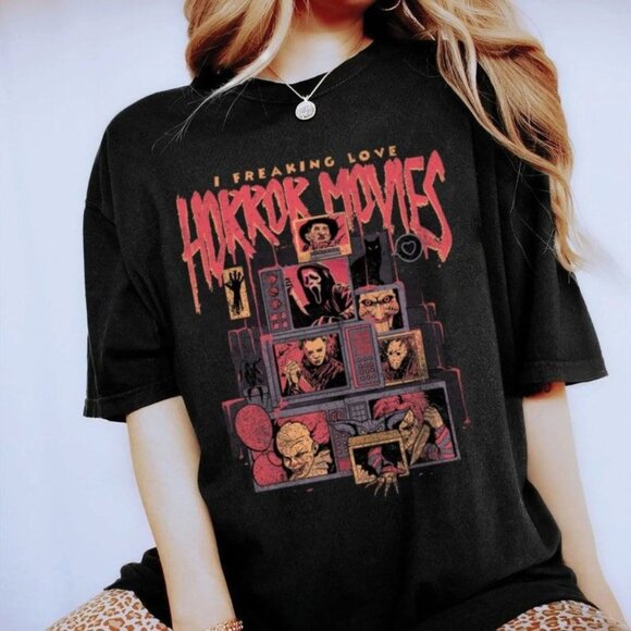I Friggin Love Horror Movies Womens Classic Villains Black NWOT Size L - Picture 1 of 5